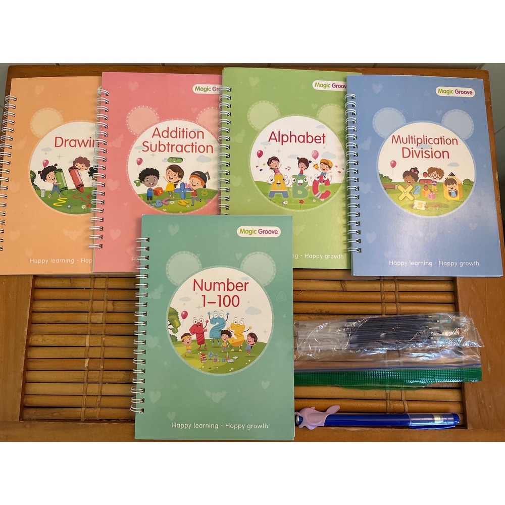 Magic Groove Reusable Copybook Set 5 Books Alphabet Math Drawing with Pens